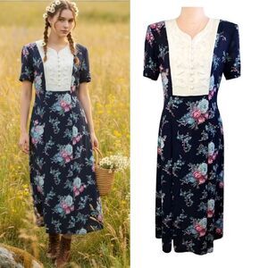 VTG 80s 90s Blue White Floral Bib Applique Cottagecore Maxi Dress Size 8